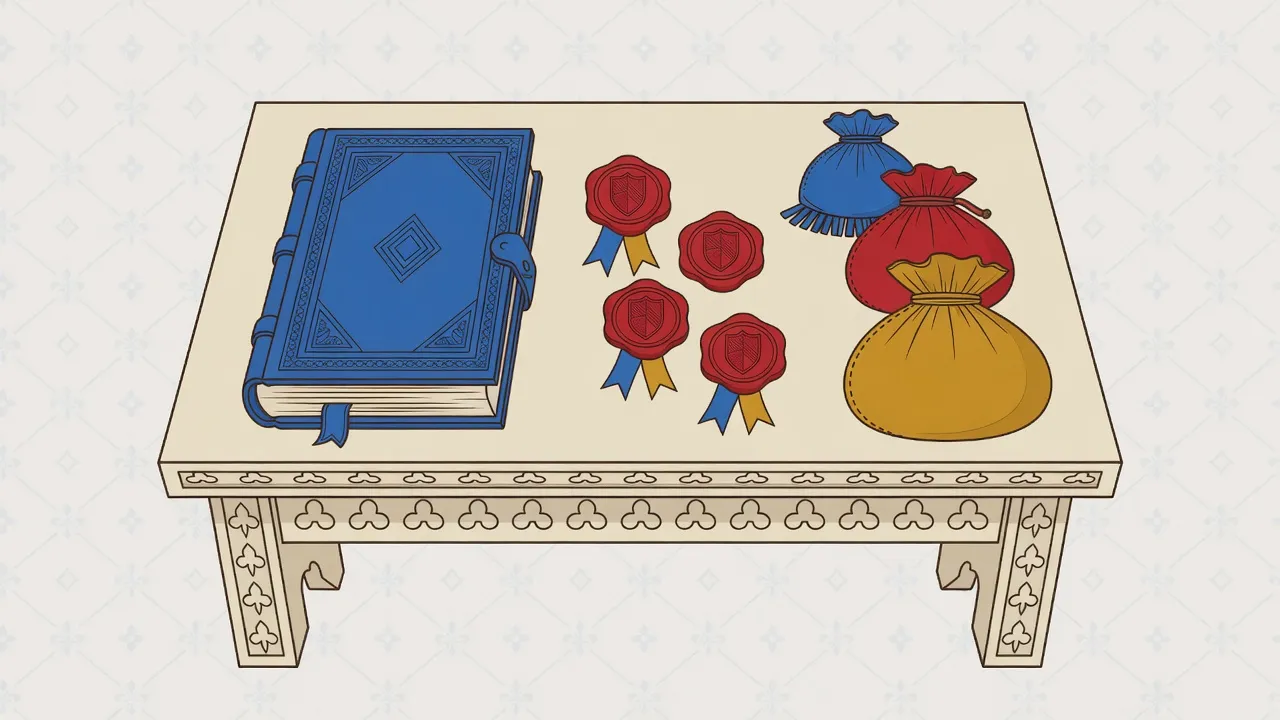 Chancery desk with seals, ledger and purses