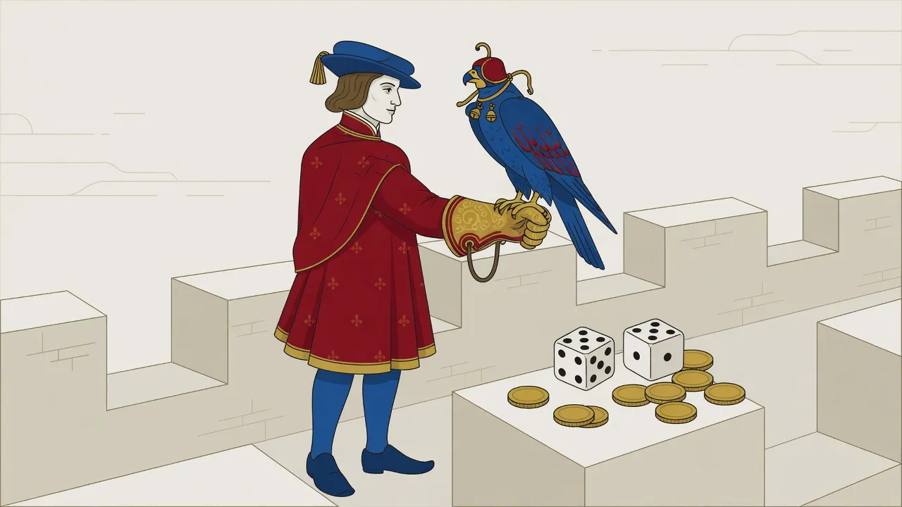 Falconer on a battlement with dice and coins