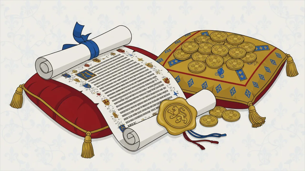 Royal decree sealed with wax beside gold coins